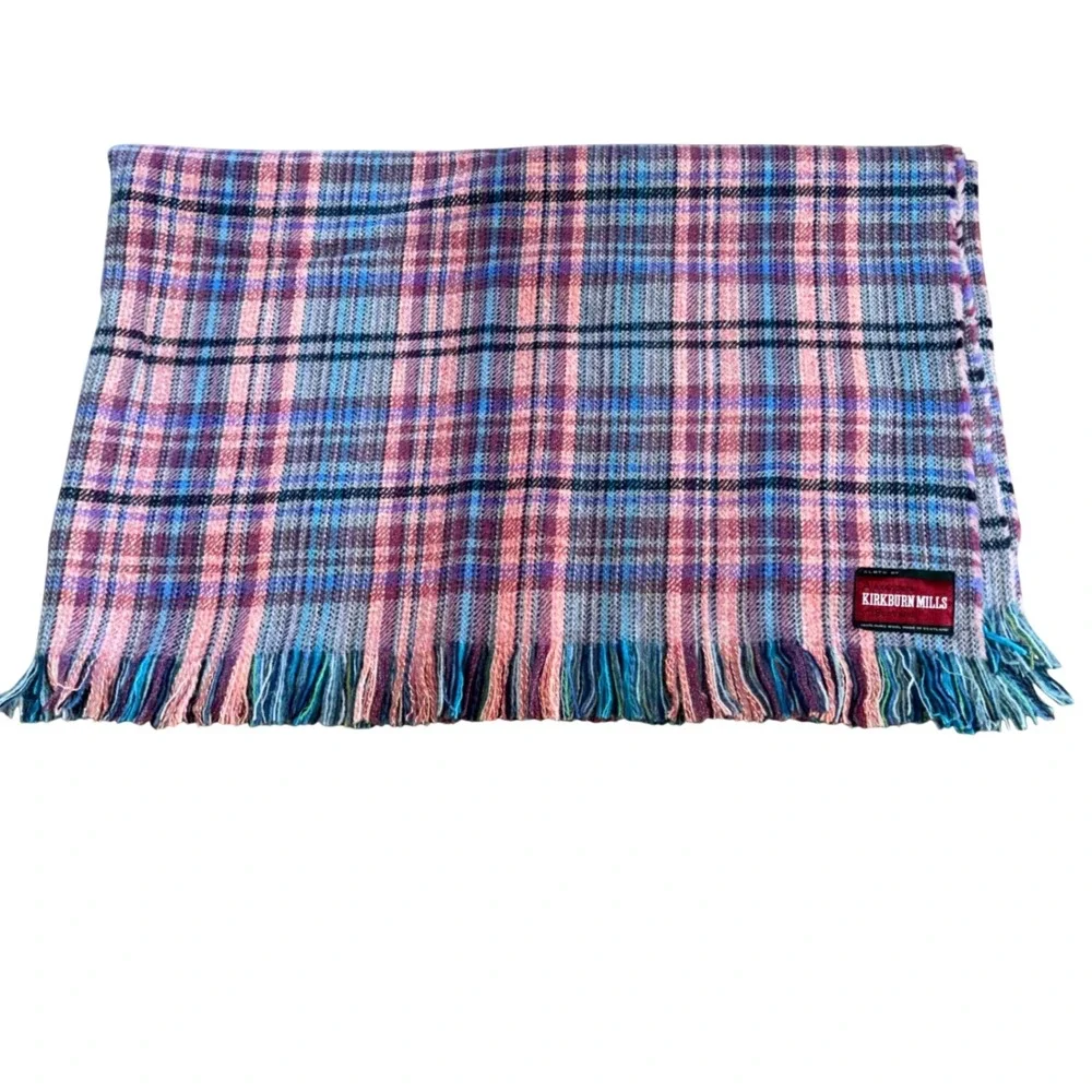 Vintage Kirkburn Mills Scotland Wool Tartan Throw Blanket Pink Blue Fringe 72x59
